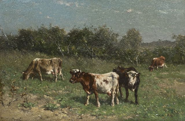 Jan de Haas | Grazin cows in a dune landscape, oil on paper laid down on panel, 31.4 x 47.2 cm, signed l.l.