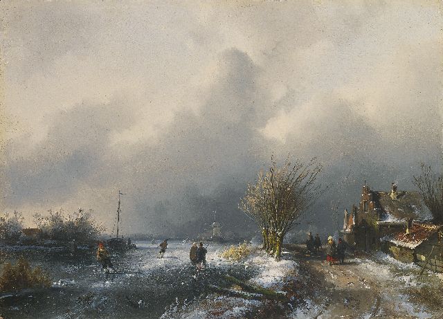 Leickert C.H.J.  | Ice scene with snowstorm approaching, oil on panel 20.4 x 28.2 cm, signed l.r. and to be dated ca. 1852
