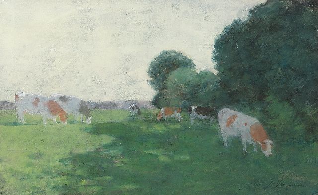 Jan Voerman sr. | Grazing cattle along the river IJssel, watercolour on paper, 30.0 x 47.7 cm, signed l.r.