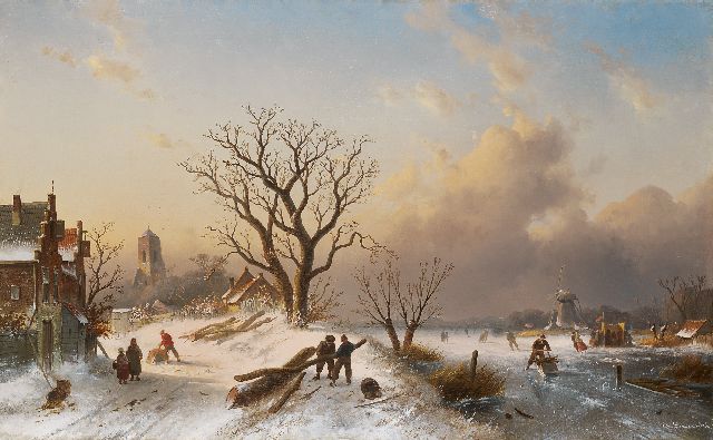 Leickert C.H.J.  | Dutch winter landscape with skaters on the ice, oil on canvas 62.0 x 101.0 cm, signed l.r. and painted circa 1860-1865
