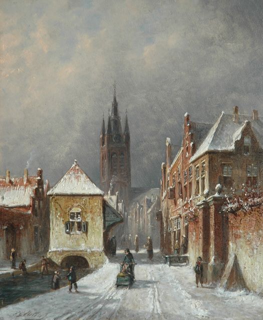 Vertin P.G.  | A cityview in winter of Delft, oil on panel 24.1 x 20.0 cm, signed l.l.