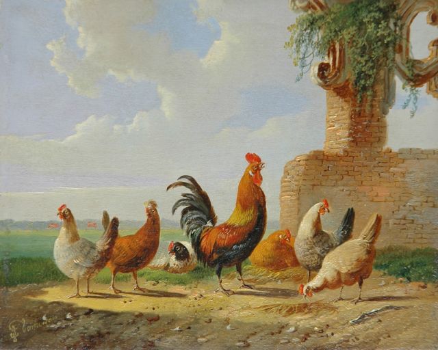 Verhoesen A.  | A cock and his fowls in a summer landscape, oil on panel 13.6 x 17.0 cm, signed l.l.