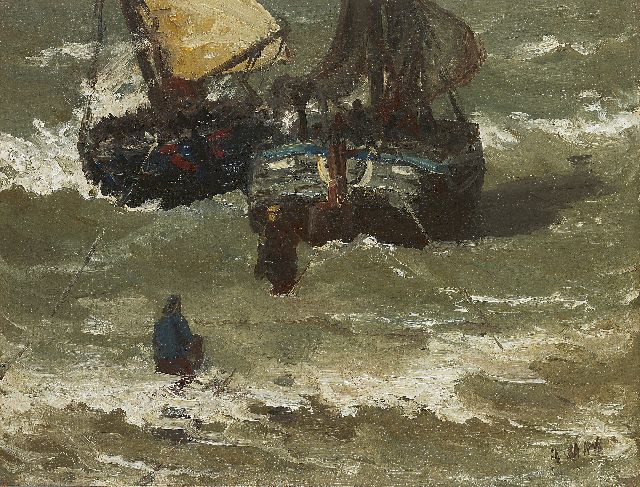 Mesdag H.W.  | Two bomschuiten in the surf, oil on canvas laid down on panel 29.2 x 38.5 cm, signed l.r. with initials