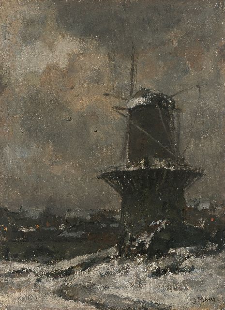 Maris J.H.  | A windmill in the snow, oil on canvas 47.4 x 35.2 cm, signed l.r.