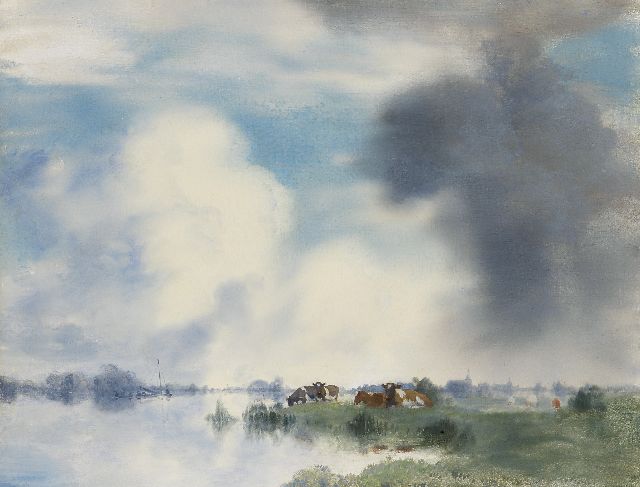 Voerman sr. J.  | Cows on the banks of the IJssel river near Hattem, oil on panel 39.9 x 52.2 cm, signed l.r.