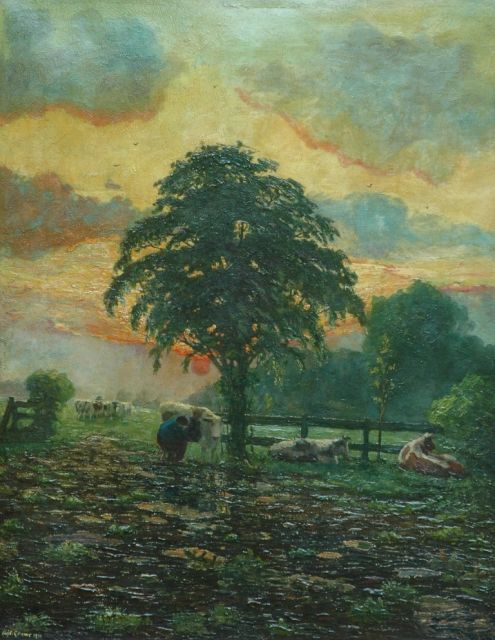 Gouwe A.H.  | Milking the cows at sunset, Limburg, oil on canvas 92.5 x 72.5 cm, signed l.l. and dated 1911