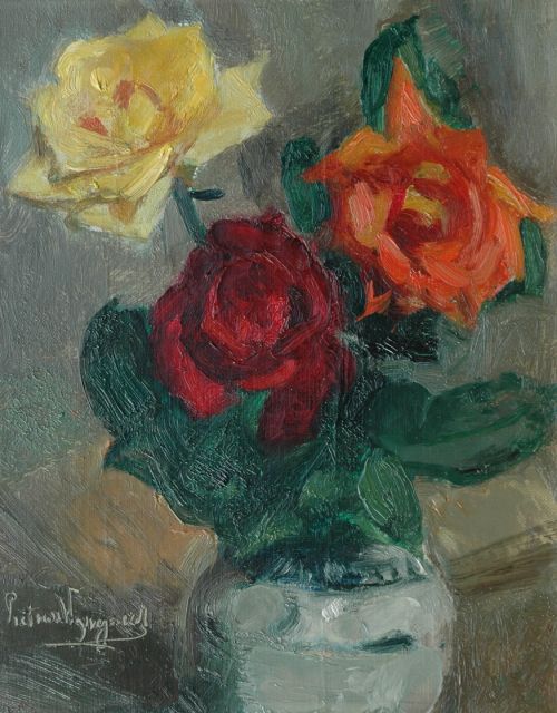 Wijngaerdt P.T. van | Roses in a Cologne pot, oil on canvas 30.8 x 24.8 cm, signed l.l.