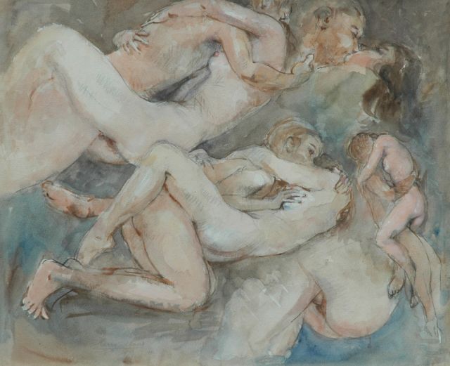 Maas H.F.H.  | Study of a courting couple, watercolour on paper laid down on cardboard 48.3 x 58.0 cm, signed l.c. and dated 1971