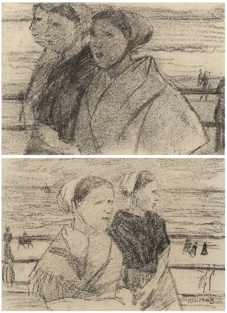 Isaac Israels | Scheveningen fisherwomen on the boulevard; reverse: Three fisherwomen, pastel on paper, 22.0 x 31.5 cm, signed l.r.