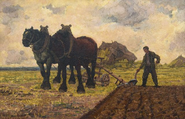 Gouwe A.H.  | Ploughing the fields, oil on canvas 65.8 x 100.6 cm, signed l.l. and dated 1911
