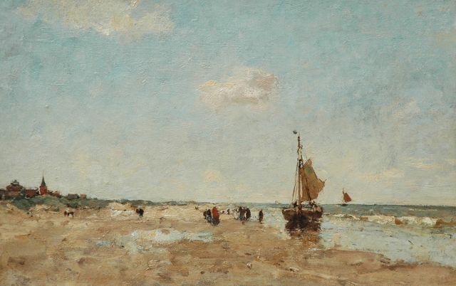 Stutterheim L.P.  | A sailingboat and figures on the beach, oil on canvas 35.3 x 55.1 cm