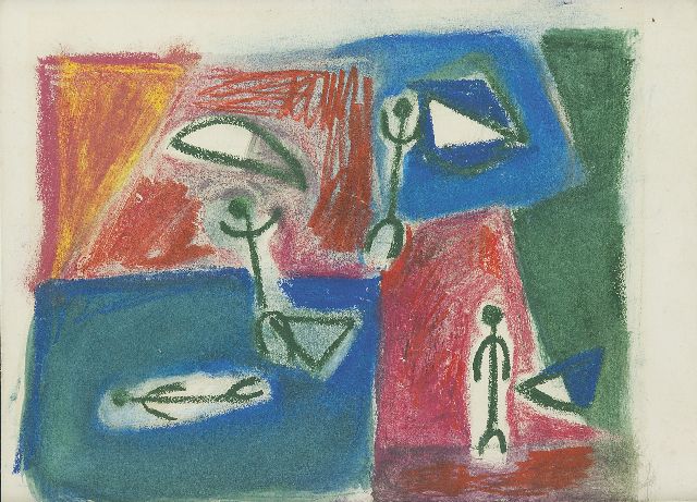 Jaap Nanninga | Composition with figures, coloured chalk on paper, 22.0 x 29.0 cm