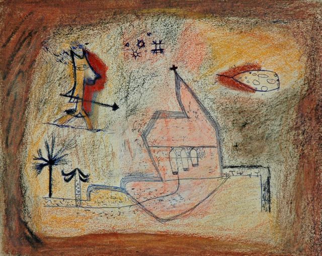 Nanninga J.  | Composition with a church, after the painting 'Bebende Kapelle' by Paul Klee 1924, ballpoint, coloured chalk and pastel on paper 22.0 x 27.0 cm, signed with studio stamp on the reverse (no. 010)