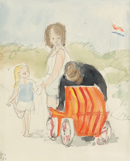 Harm Kamerlingh Onnes | Family in the dunes on Terschelling, pencil and watercolour on paper, 18.8 x 16.2 cm, signed l.l. with monogram and painted '60