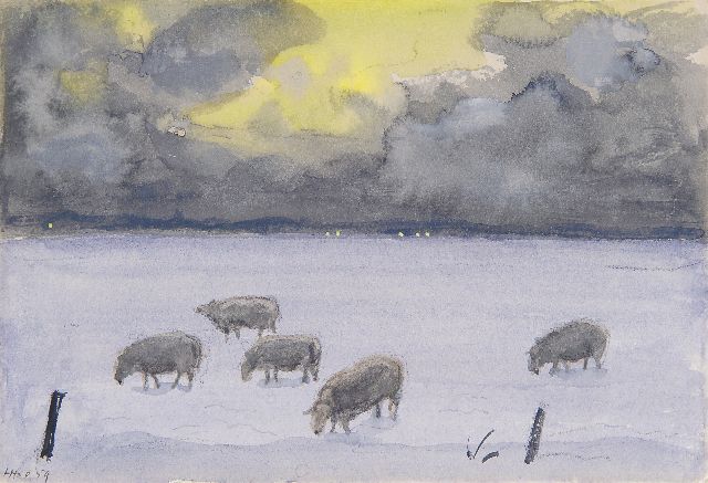 Harm Kamerlingh Onnes | A winter landschape with sheep, Terschelling, chalk and watercolour on paper, 12.0 x 17.5 cm, signed l.l. and reverse with monogram and dated recto and reverse '59
