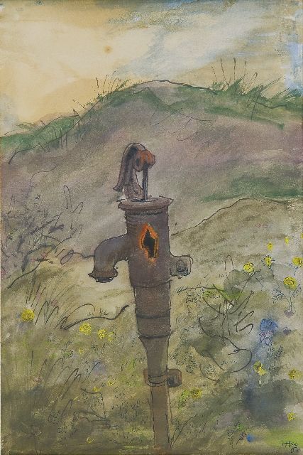 Harm Kamerlingh Onnes | An old waterpump in the dunes, Terschelling, pen, ink and watercolour on paper, 22.2 x 15.1 cm, signed l.r. with monogram and painted '60
