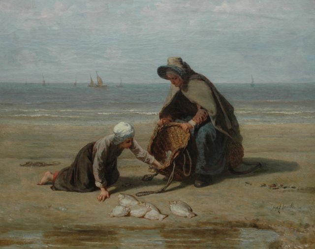 Israëls J.  | Fisherman's wife and daughter on the beach with the daily catch, oil on canvas 54.0 x 67.0 cm, signed l.r.
