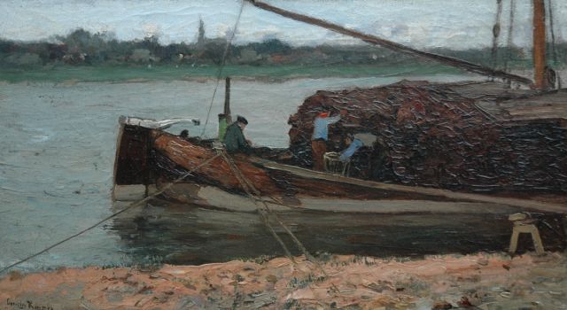 Kuijpers C.  | Moored peat barge, oil on canvas 30.1 x 52.6 cm, signed l.l.