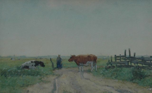 Knikker A.  | Farmer's wife and cows in the fields, watercolour on paper 21.3 x 33.3 cm, signed l.l.