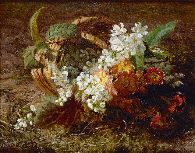 Sande Bakhuyzen G.J. van de | Still life with cherry blossoms and primula, oil on panel 20.8 x 26.1 cm, signed l.l.
