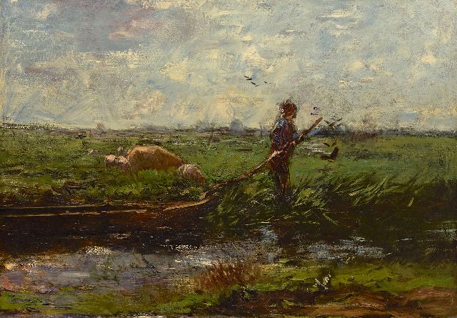 Willem Maris | A polder landscape with farmer and barge, oil on canvas, 66.3 x 94.5 cm, painted ca. 1906