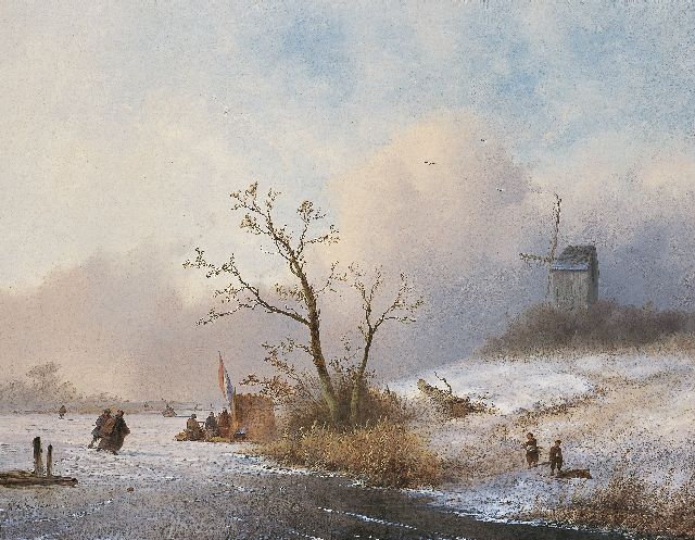 Hoppenbrouwers J.F.  | A winter landscape with skaters and a 'koek-en-zopie', oil on canvas 54.0 x 70.0 cm, signed l.l.
