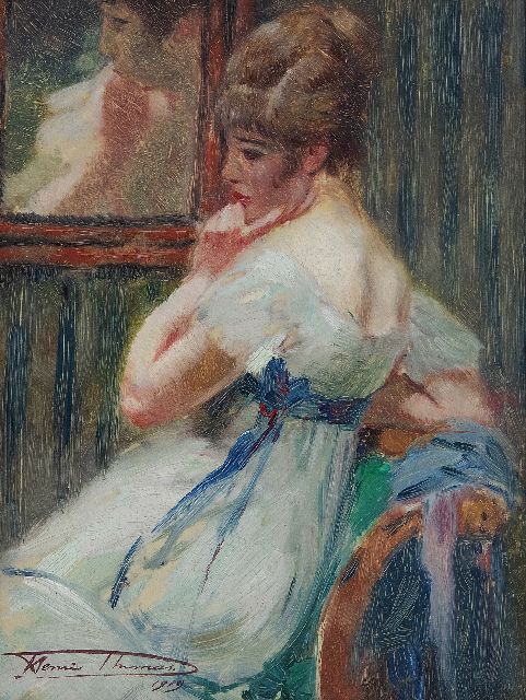 Henri Thomas | In a pensive mood, oil on panel, 22.7 x 17.2 cm, signed l.l. and painted 1919