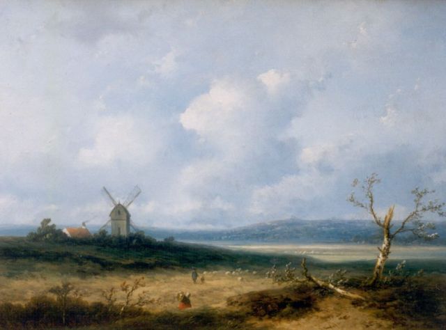 Hoppenbrouwers J.F.  | A summer landscape with a shepherd and his flock, oil on panel 23.0 x 30.4 cm, signed l.l.