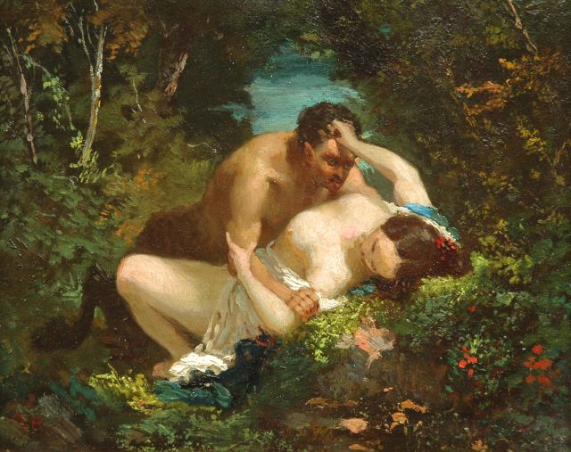 Franse School, 19e eeuw   | Nymph and faun, oil on canvas 20.0 x 24.6 cm, signed l.l. with monogram
