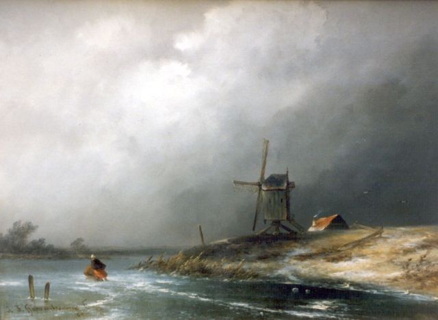 Hoppenbrouwers J.F.  | A skater on a frozen waterway, oil on panel 23.0 x 31.2 cm, signed l.l.