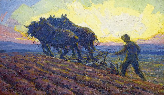 Gouwe A.H.  | Ploughing horses at dawn, oil on canvas 48.8 x 82.0 cm, signed l.l. and executed ca. 1916-1918