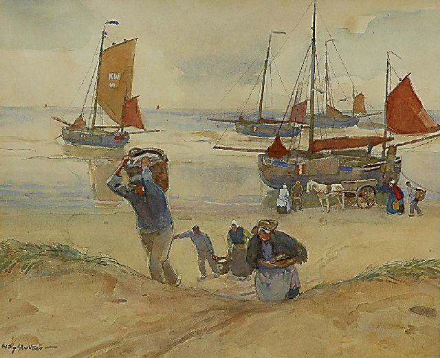 Sluiter J.W.  | After the fish auction on the beach of Katwijk, watercolour and gouache on paper 62.0 x 74.1 cm, signed l.l.