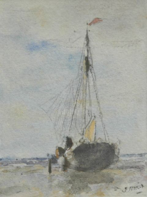 Maris J.H.  | Menukaart met aquarel van een op het strand getrokken bomschuit, aquarel op papier 11,5 x 8,5 cm, gesigneerd r.o. en verso gedateerd 4 mei 1895
