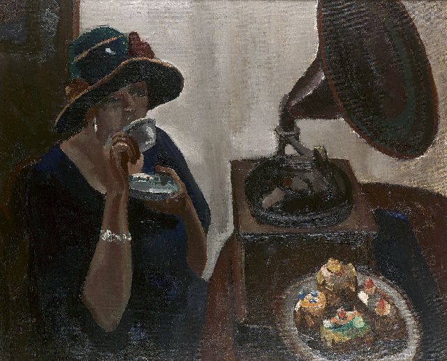 Toon Kelder | A lady drinking tea with pastry and a grammophone, oil on canvas, 90.4 x 110.4 cm, signed u.r.