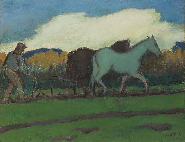 Altink J.  | Ploughing the fields, wax paint on canvas 55.0 x 70.1 cm, signed l.r. and painted ca. 1924-1928