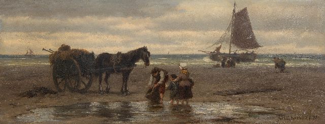 Jan H.B. Koekkoek | Shell fisherman and family on the beach, oil on canvas, 24.2 x 62.7 cm, signed r.l.
