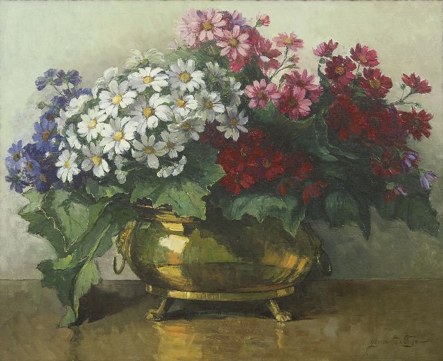 Jeanette Slager | Cineraria's in koperen pot, olieverf op doek, 80,8 x 100,6 cm, gesigneerd r.o.