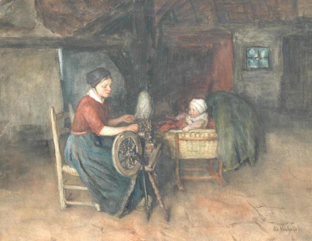 Neuhuys J.A.  | Young farmer's wife at the spinning wheel with her baby in a cradle, watercolour on paper laid down on board 52.3 x 67.5 cm, signed l.r.