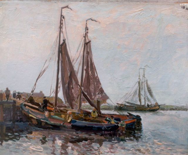 Elsinga J.  | Moored sailing vessels, oil on canvas laid down on panel 26.6 x 31.5 cm, dated 1937