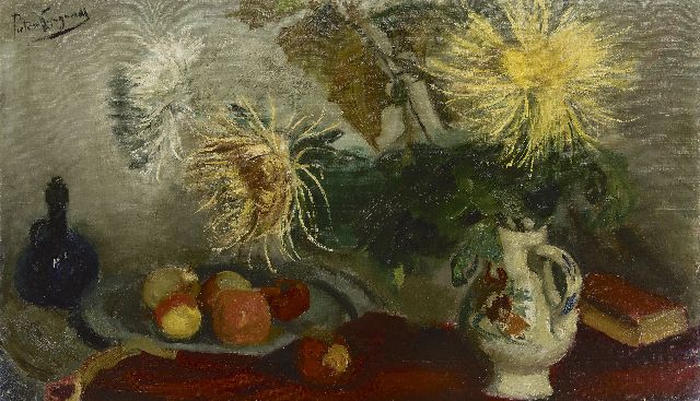 Piet van Wijngaerdt | Still life with chrysanthemum and fruits, oil on canvas, 70.0 x 119.9 cm, signed u.l. and on the reverse