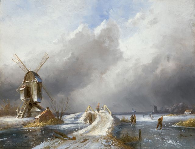 Leickert C.H.J.  | Skaters in an upcoming snowstorm, oil on panel 20.8 x 27.0 cm, signed l.r.