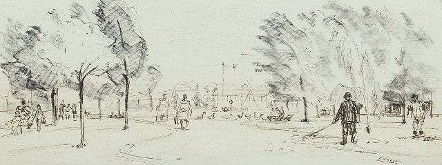 Cor Noltee | Public garden, drawing on paper, 11.4 x 30.5 cm, signed l.r.