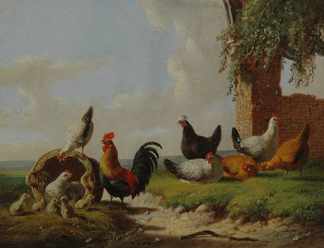 Verhoesen A.  | The cock with his hens, oil on panel 13.3 x 17.4 cm, signed c.l. and dated 1872