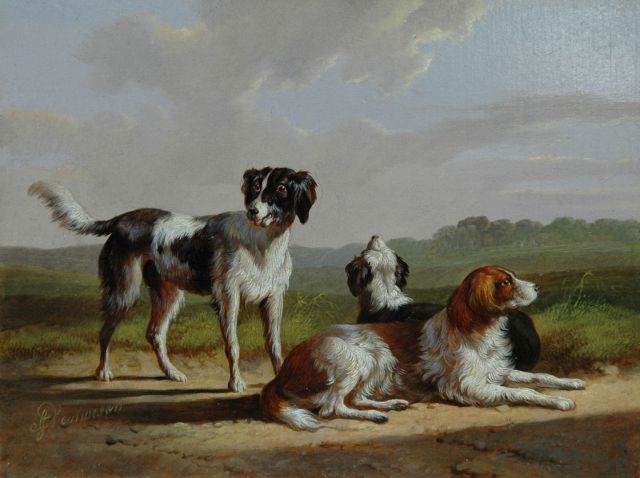 Verhoesen A.  | Three hounds in a landscape, oil on panel 13.3 x 17.5 cm, signed l.l.