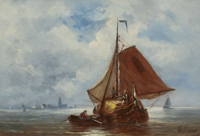 Prooijen A.J. van | A hayship, sailing, oil on panel 23.7 x 34.3 cm, signed l.r.