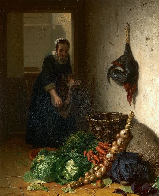 Masurel J.E.  | In the kitchen, oil on panel 31.2 x 25.3 cm, signed u.r. and dated 1866