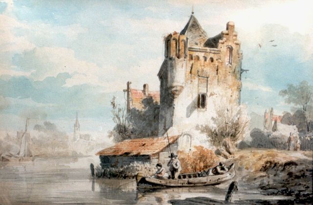 Springer C.  | Preparatory study Donjon 1844, watercolour on paper 14.0 x 19.0 cm, signed on the reverse and dated 1844