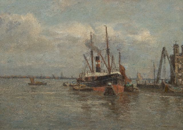 Koekkoek G.J.  | A moored coaster, oil on canvas 59.8 x 80.8 cm, signed l.r.
