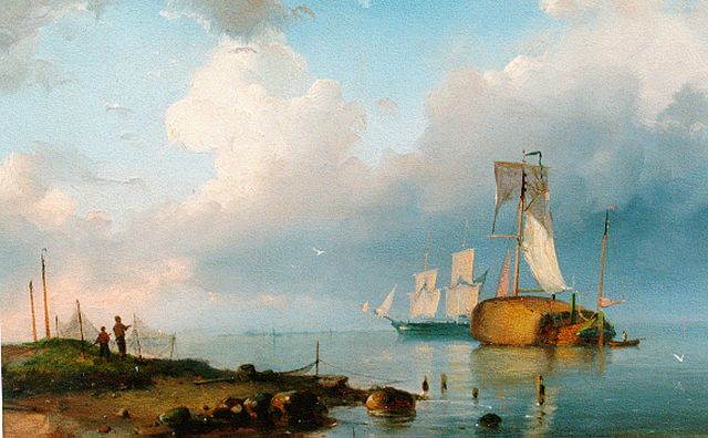 Dommershuijzen P.C.  | Shipping on the Zuiderzee, oil on panel 19.8 x 29.3 cm, signed l.l. with monogram and dated '54