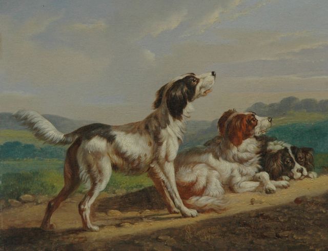 Verhoesen A.  | Three Setters, oil on panel 13.5 x 17.4 cm, signed l.c. and dated 1873